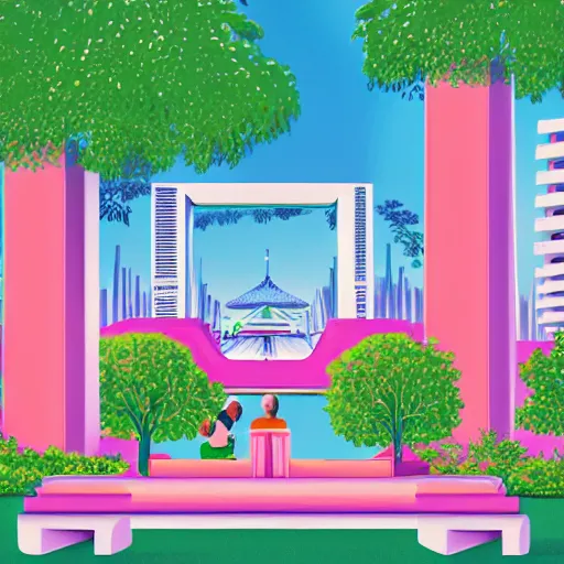 Image similar to art deco vaporwave illustration of a park with trees, benches, and a couple people playing mahjong, with a futuristic pink pastel city in the background