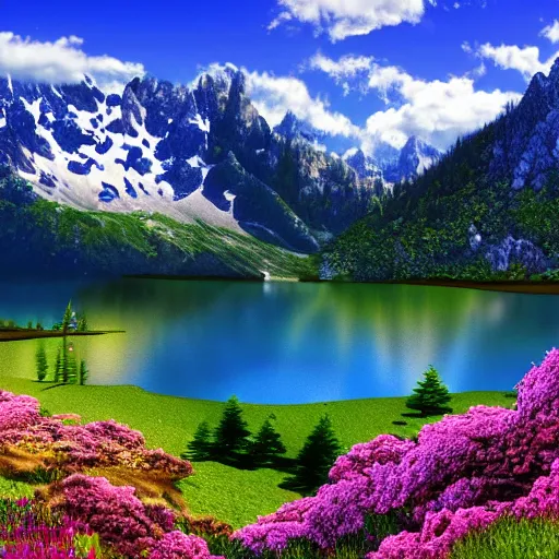 Prompt: landscape with moutains and lake, realistic, 4k, highly detailed, colorful