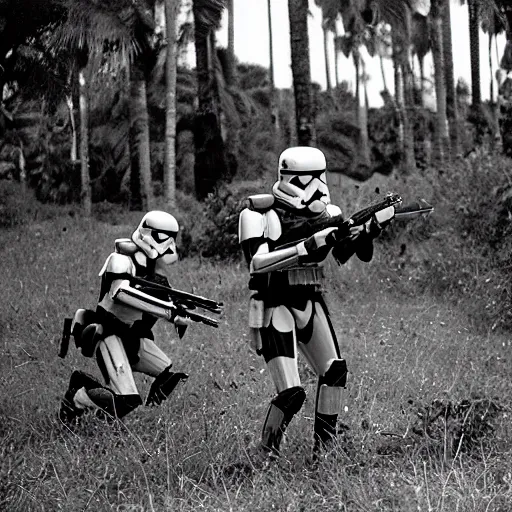 Image similar to star wars clone troopers combat soldiers in vietnam, photo, old picture, lush landscape, jungle, firearms, explosions, helicopters, aerial combat, active battle zone, flamethrower, air support, jedi, land mines, gunfire, violent, star destroyers, star wars lasers, sci - fi, jetpacks, agent orange, bomber planes, smoke, trench warfare