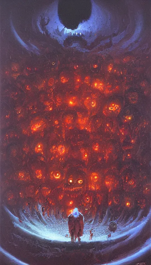 Image similar to a storm vortex made of many demonic eyes and teeth, by paul lehr,