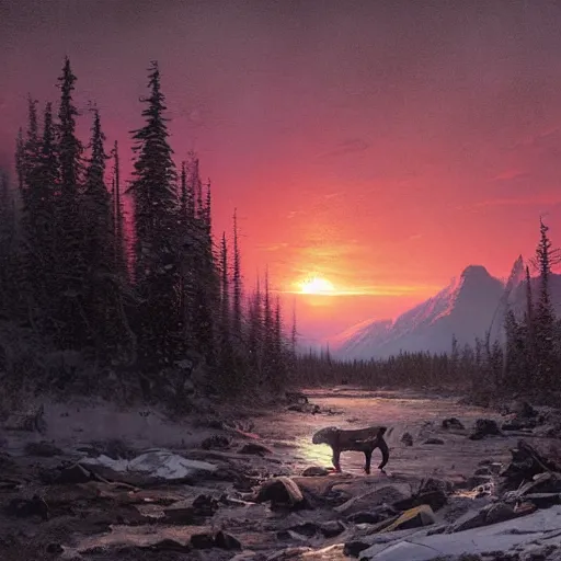 Image similar to illustration of an alaskan wildness just before darkness, strange red glow in the sky, greg rutkowski