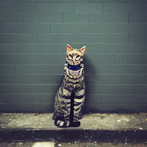 Image similar to “Photo of a cat wearing a pharaoh\'s headdress in an alley, synthwave, 8K, hyper realistic, award winning photo”