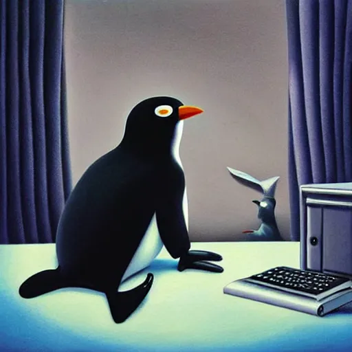 Image similar to pingu sitting behind a computer, painted by mark ryden, art, epic lighting