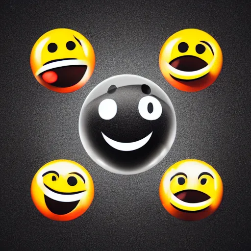Prompt: emoticon happy on black background, big , 3d hd render , glass sphere , centered, glossy, black background