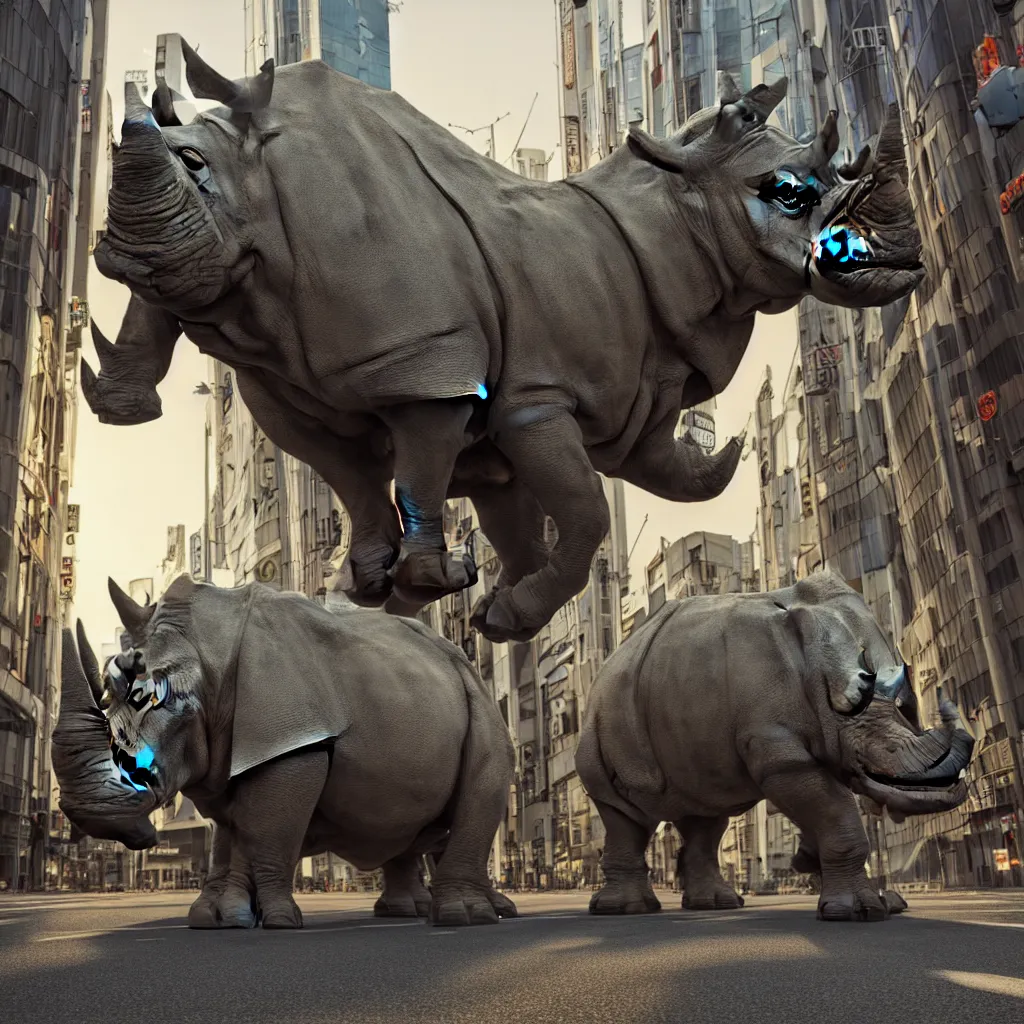 Image similar to a mechanical rhinoceros charging down a city street in Tokyo, ornamental,photorealistic, wide angle, cinematic atmosphere, elaborate, highly detailed, ornate, shiny, dramatic lighting, octane render, style by John Salt,