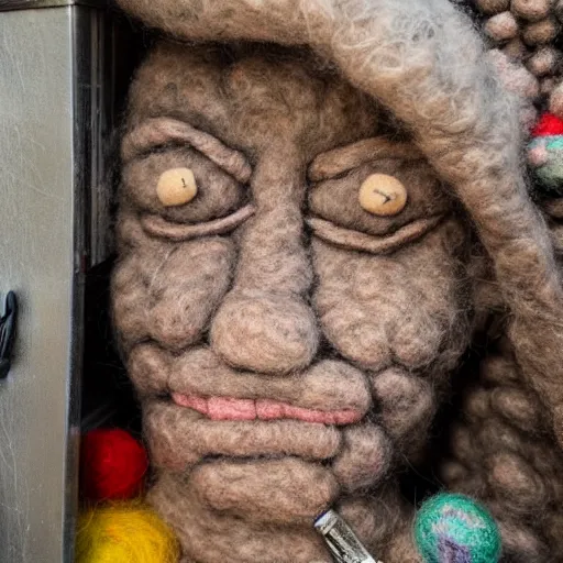 Prompt: photo of a life sized needle - felted 2 0 0 year old wrinkly crone covered in warts sitting behind a needle felted dumpster in a needle felted alley way with low soft light