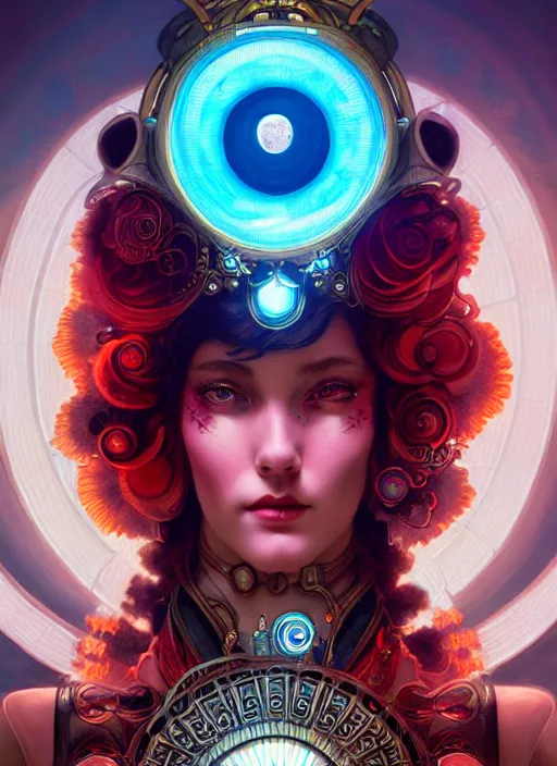 Image similar to the goddess artemis smirking, steampunk, glowing eyes, volumetric lights, red and cyan theme, art nouveau botanicals, intricate, highly detailed, digital painting, artstation, concept art, smooth, sharp focus, cinematic, illustration, beautiful face, art by artgerm and greg rutkowski and alphonse mucha