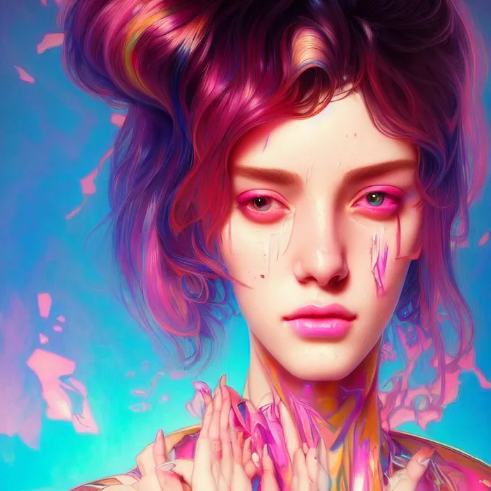 Image similar to young woman, gorgeous face, vaporwave aesthetic, synthwave, colorful, psychedelic, broken, shattered, beaten, sadness, crying, tears, artstation, concept art, smooth, extremely sharp detail, finely tuned detail, 8 k, unreal engine 5, ultra sharp focus, illustration, art by artgerm and greg rutkowski and alphonse mucha