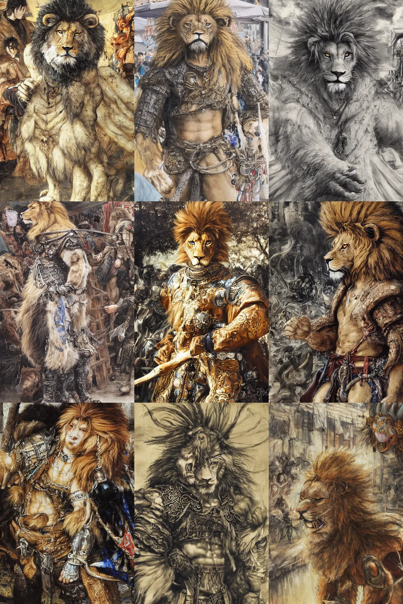 Image similar to 8 k yoshitaka amano painting of upper body of a young cool looking lion beastman with white mane at a medieval market at windy day. depth of field. he is wearing complex fantasy clothing. he has huge paws. renaissance style lighting.