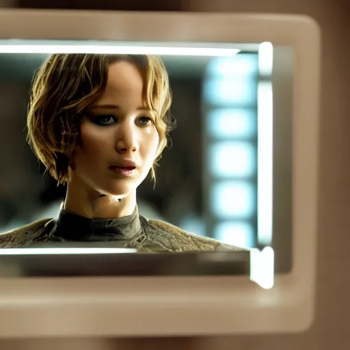 Image similar to jennifer lawrence touching mirror in matrix remake, ( eos 5 ds r, iso 1 0 0, f / 8, 1 / 1 2 5, 8 4 mm, postprocessed, crisp face, facial features )