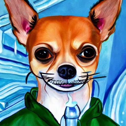 Image similar to a painting of a chihuahua smoking weed in an office