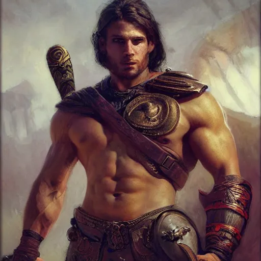 Prompt: handsome portrait of a spartan guy bodybuilder posing, radiant light, caustics, war hero, final fantasy, by gaston bussiere, bayard wu, greg rutkowski, giger, maxim verehin