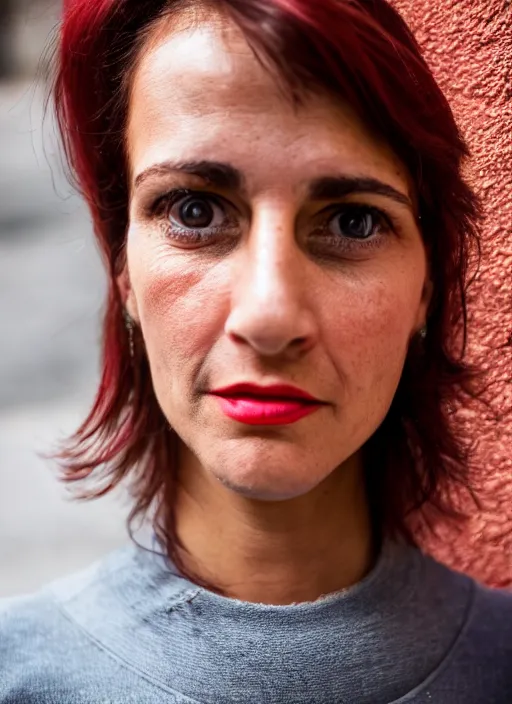 Image similar to close up portrait of beautiful 35-years-old Italian woman, wearing a red outfit, well-groomed model, candid street portrait in the style of Steve McCurry award winning