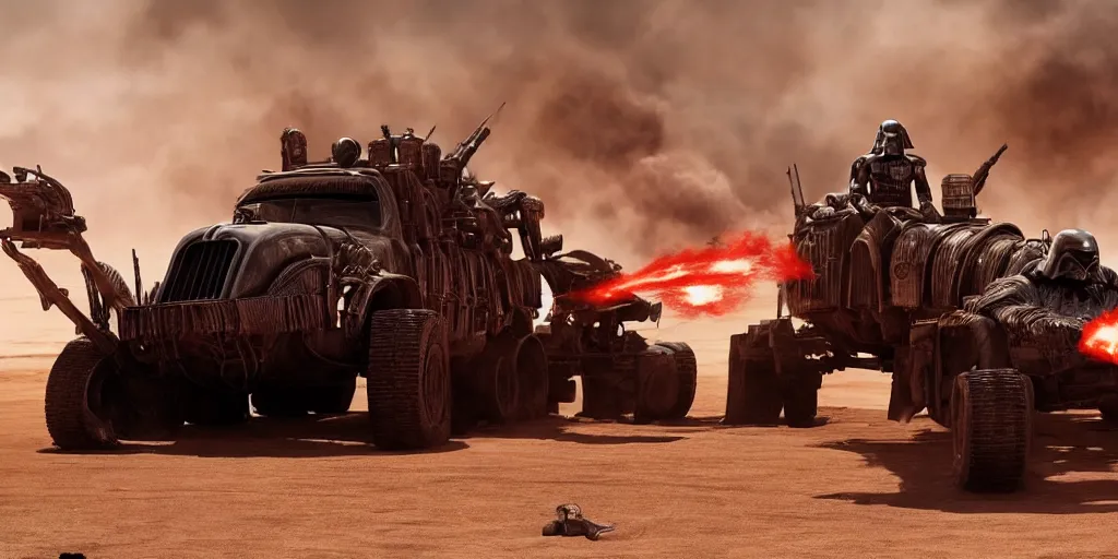 Image similar to Darth Vader standing on a driving post apocalyptic battle car in the desert and weilding a flamethrower, Mad Max Fury Road, sandstorm, fire, realistic, flags, spikes, dust