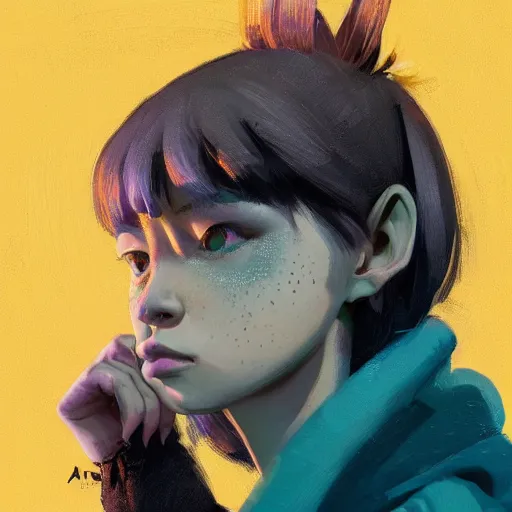 Image similar to highly detailed portrait of a punk young lady by Atay Ghailan, Cliff Chiang, loish, Brian Lee O'Malley and Goro Fujita, yellow, black, brown and cyan mystical tones, symmetrical composition, 8k resolution, exagerrated proportions, long neck, forward facing, trending on artstation, featured on behance, freckles