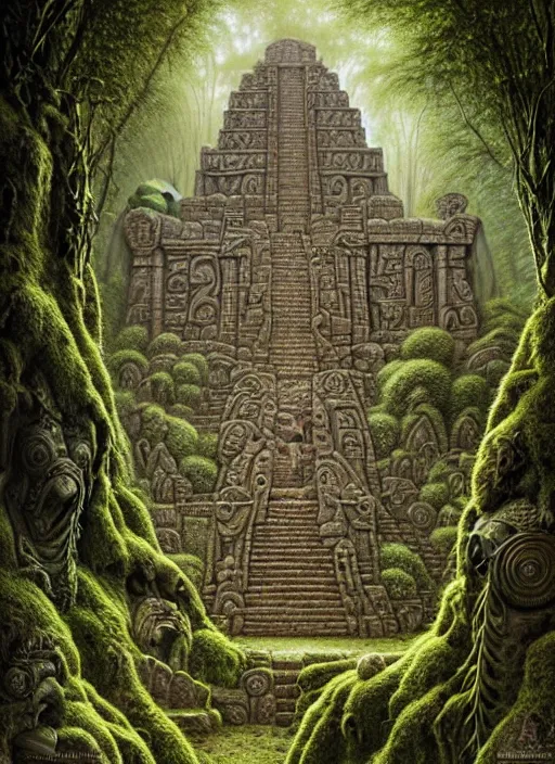 Image similar to inca temple stone carvings lost in the jungle, intricate, mossy, overgrown, elegant, highly detailed, centered, digital painting, artstation, concept art, smooth, sharp focus, illustration, artgerm, tomasz alen kopera, peter mohrbacher, donato giancola, joseph christian leyendecker, wlop, boris vallejo