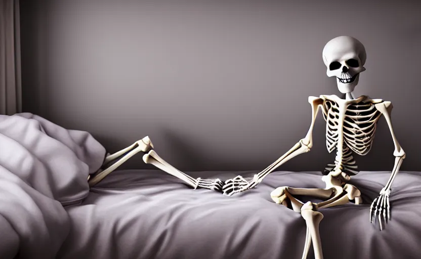 Prompt: matte oil painting of a skeleton dressed in pajamas inside of a comfy bedroom, extremely detailed, sleepy, cozy, 4 k, 8 k,