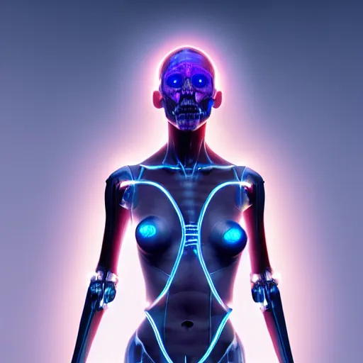 Image similar to female cyborg posing sensual figure x - ray, skeletal, glowing veins under translucent skin, highly detailed skin, bioluminescent, plasma, greg rutkowski, 8 k trending on artstation