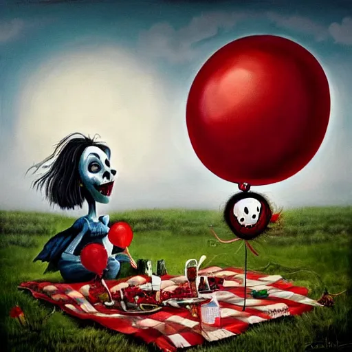 Image similar to grunge painting of a picnic with a wide smile and a red balloon by chris leib, loony toons style, pennywise style, corpse bride style, horror theme, detailed, elegant, intricate, conceptual, volumetric light