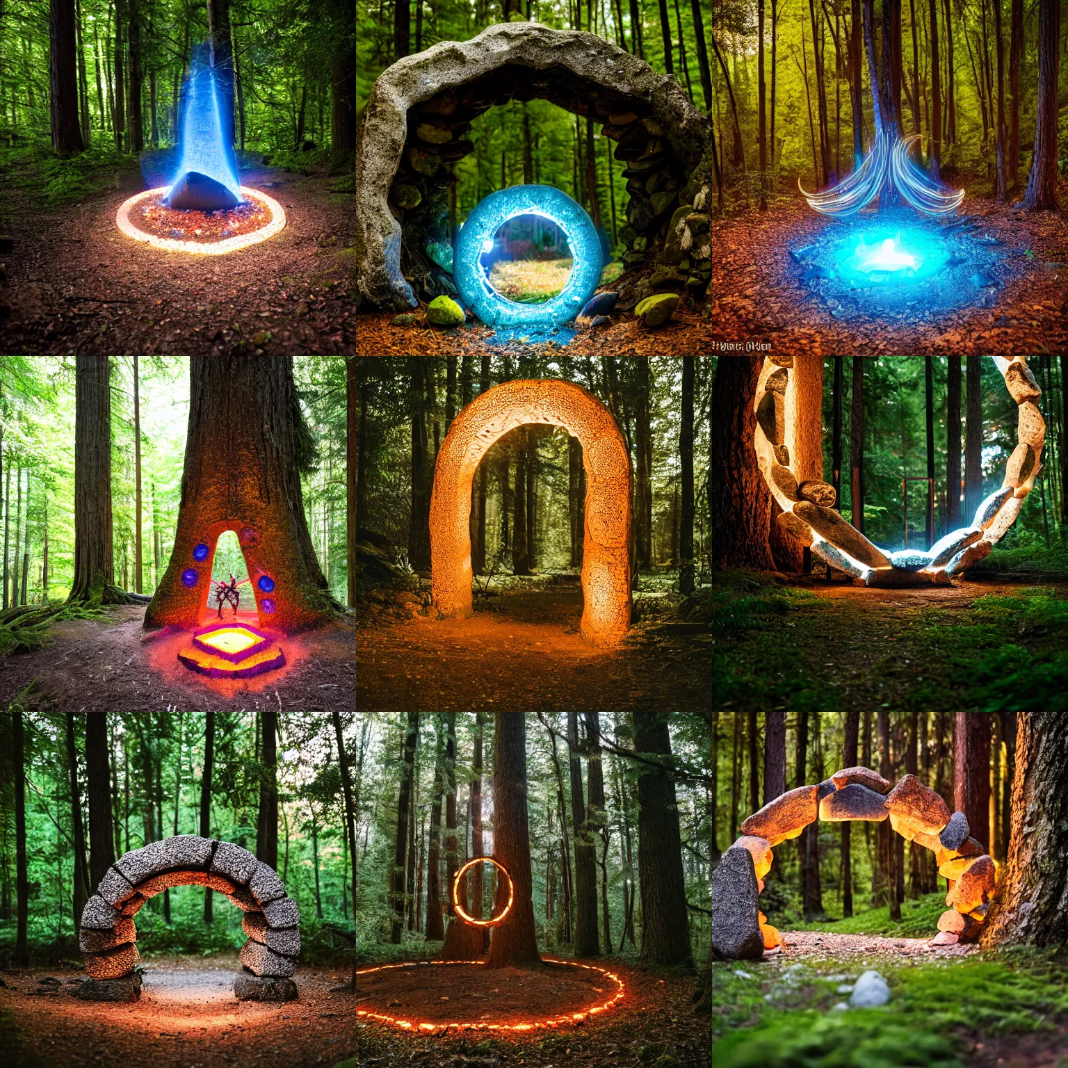 Prompt: Glowing magical portal made of stones in the forest, taken with Sony a7R camera, EOS-1D, f/1.4, ISO 200, 1/160s, 8K, RAW, unedited, symmetrical balance, in-frame