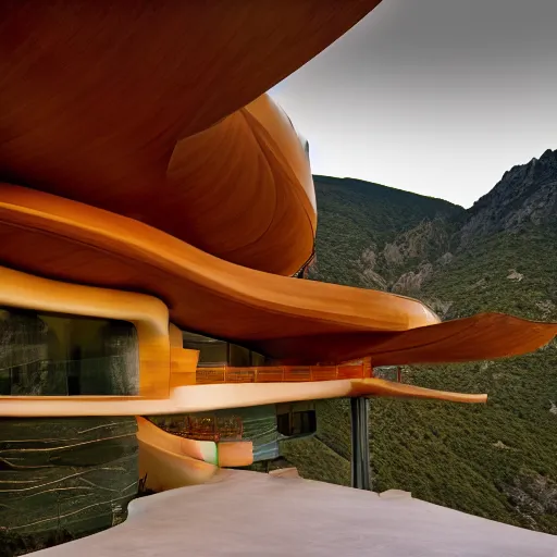 Prompt: by frank lloyd wright, zaha hadid, antonio gaudi, photorealism, hdr, photograph of a modern home set in the mountains, dramatic lighting, highly detailed,