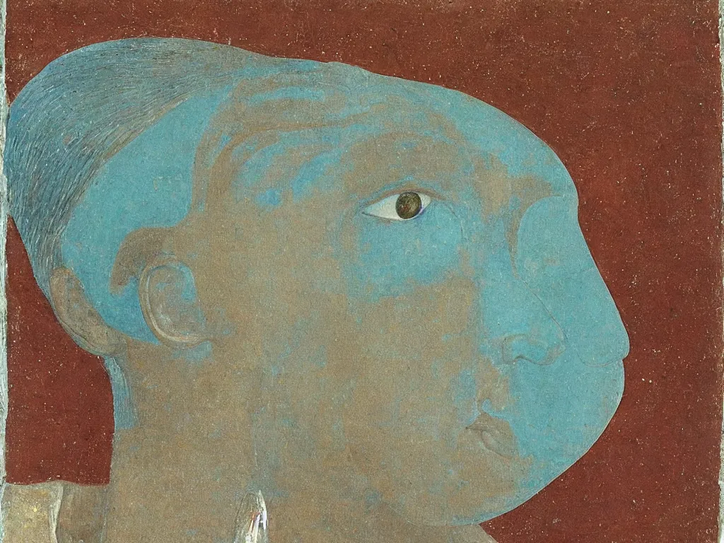 Image similar to greek sculpture of head with inlaid crystal eyes lying in the sand. lapis - lazuli, turquoise, malachite, cinnabar, earth brown. painting by piero della francesca, balthus, agnes pelton
