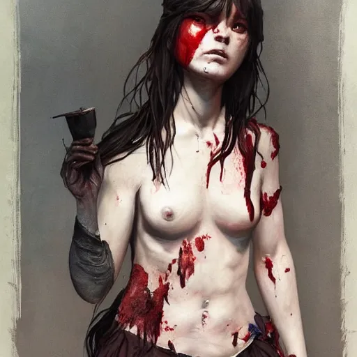 Prompt: portrait painting of a bloodied school girl butcher, tattooed, ultra realistic, concept art, intricate details, eerie, highly detailed, photorealistic, octane render, 8 k, unreal engine. art by artgerm and greg rutkowski and alphonse mucha