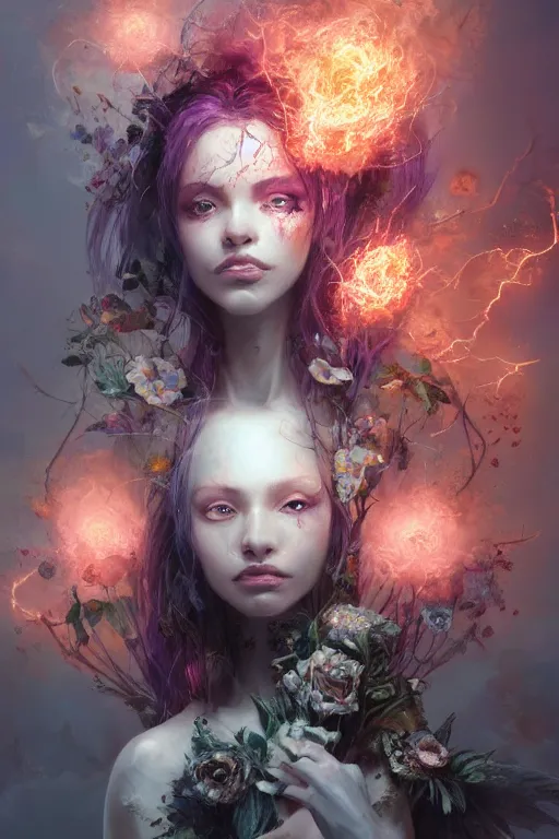 Prompt: face closeup of beautiful girl necromancer, witch - doctor exploding into flowers, angels, 3 d render, hyper - realistic detailed portrait, holding fire and electricity, velvet, smoke, dead leaves and magic, ruan jia, wlop. scifi, fantasy, magic the gathering, hyper detailed, octane render, concept art, peter mohrbacher