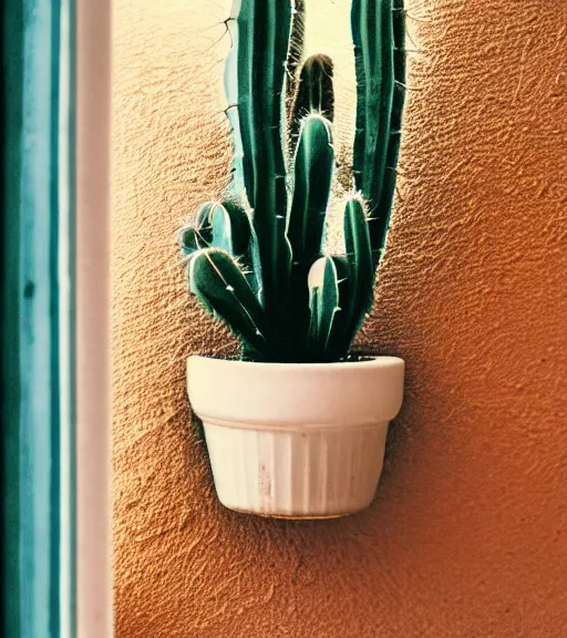 Image similar to an old photo of a cactus on a sunny windowsill, soft lighting