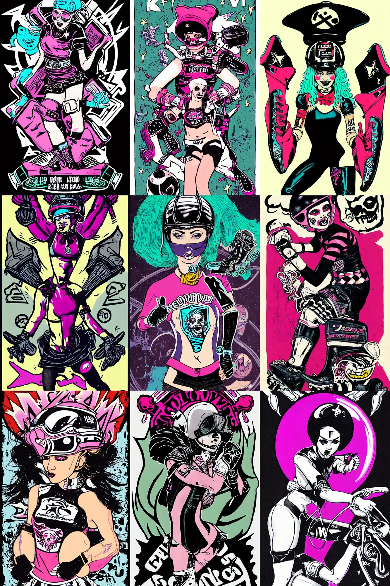 Prompt: goth girl as roller derby girl portrait, logo, wearing skating helmet, wearing knee and elbow pads, showing victory, Philippe Caza