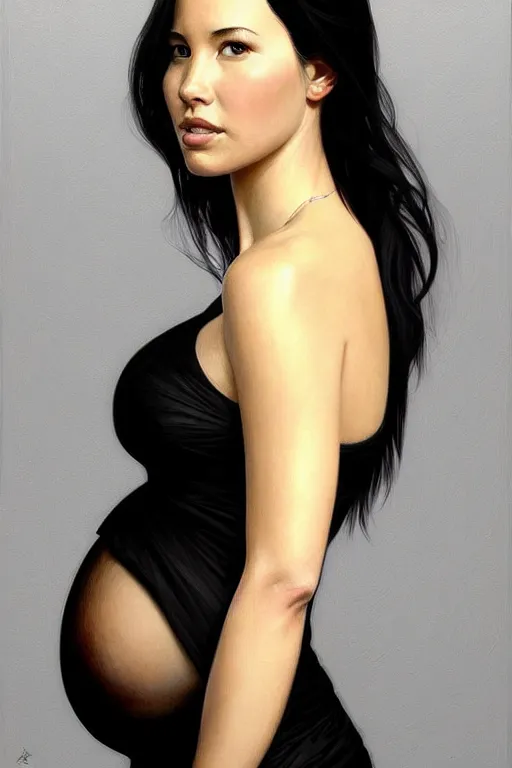 Image similar to pregnant olivia munn in a black dress, realistic portrait, symmetrical, highly detailed, digital painting, artstation, concept art, smooth, sharp focus, illustration, cinematic lighting, art by artgerm and greg rutkowski and alphonse mucha