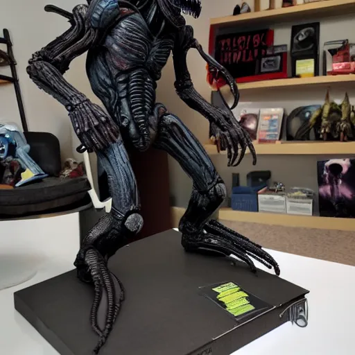 Prompt: xenomorph action figure, home display