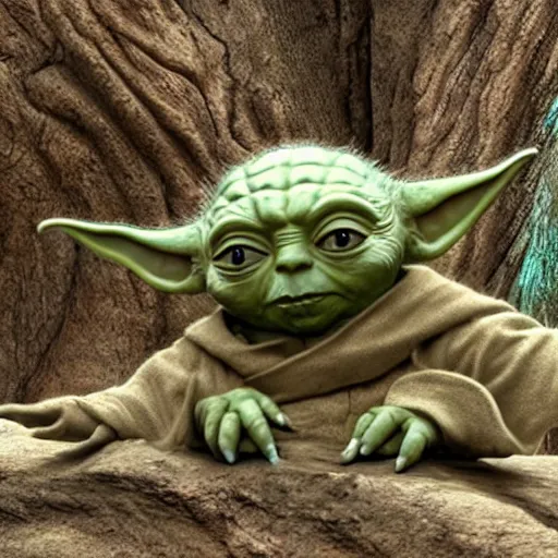 Image similar to a civilization of members of Yoda's species interacting with eachother on their home planet, award winning nature photo 8k