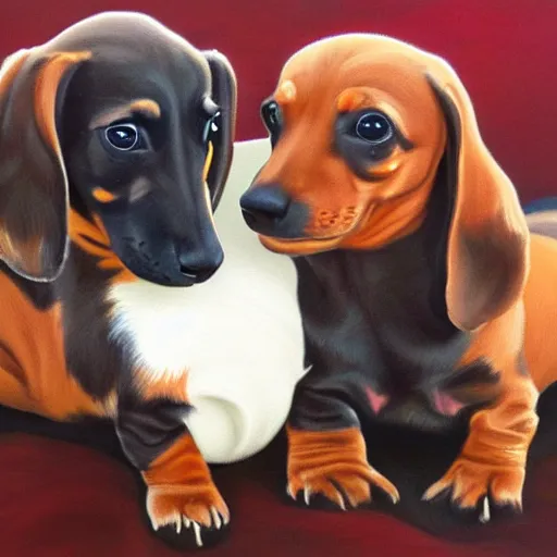 Image similar to color painting of dachshund puppies cuddling together