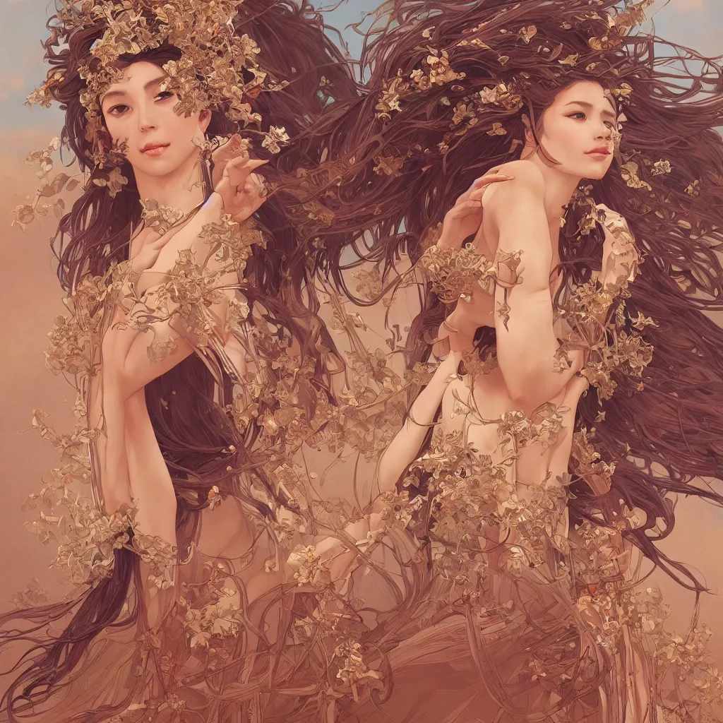 Image similar to seductive goddess dancing in the desert, symmetrical face, fantasy, intricate and very beautiful and elegant, highly detailed, digital painting, artstation, concept art, smooth and sharp focus, illustration, art by tan zi and ayanamikodon and alphonse mucha and wlop