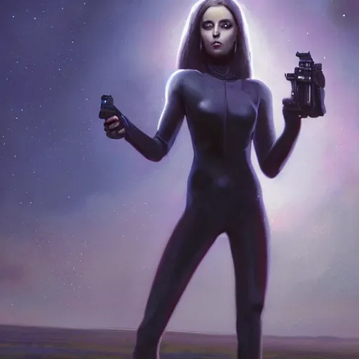 Image similar to pleiadian woman with big eyes and long silver hair wearing a dark body suit and holding a plasma gun standing in barren fields, portrait art by greg rutkowski