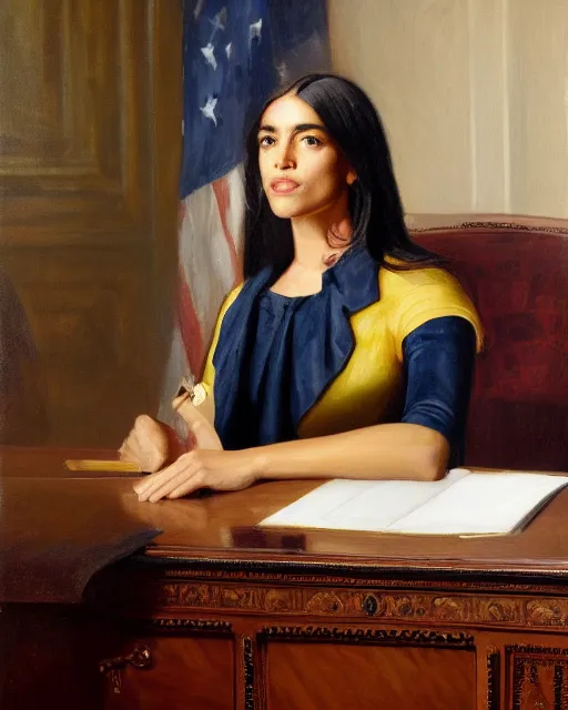 Image similar to close - up portrait of the united states president, alexandria ocasio - cortez, standing at the resolute desk, 1 8 4 8, attractive, oil on canvas by william sidney mount, trending on artstation, national archives