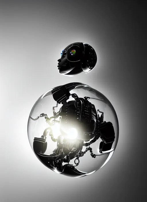 Image similar to black and white lithography of a young beautiful delicate translucent luminous cyborg - robot giving birth to the new world in a bubble, inspired by michelangelo, spiritual, halo, glory, rim light, cinematic, studio dramatic light, poetic, surreal mythical dreamy dark artistic masterpiece, octane render, 8 k, photo