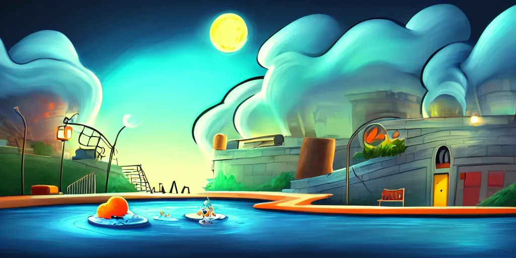 Image similar to nightscape chubby cartoon concept art, wall with drain on the edge of the river, spiral clouds, sam and max, liquid smoke, catamarans