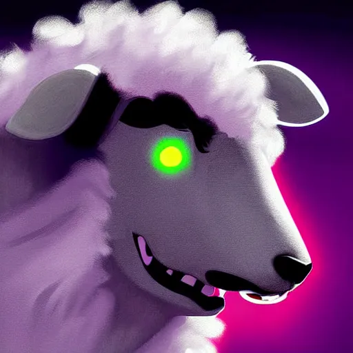 Prompt: pixar character, wolve in sheep's clothing, neon accents, holographic colors, desaturated headshot portrait digital painting by leyendecker,