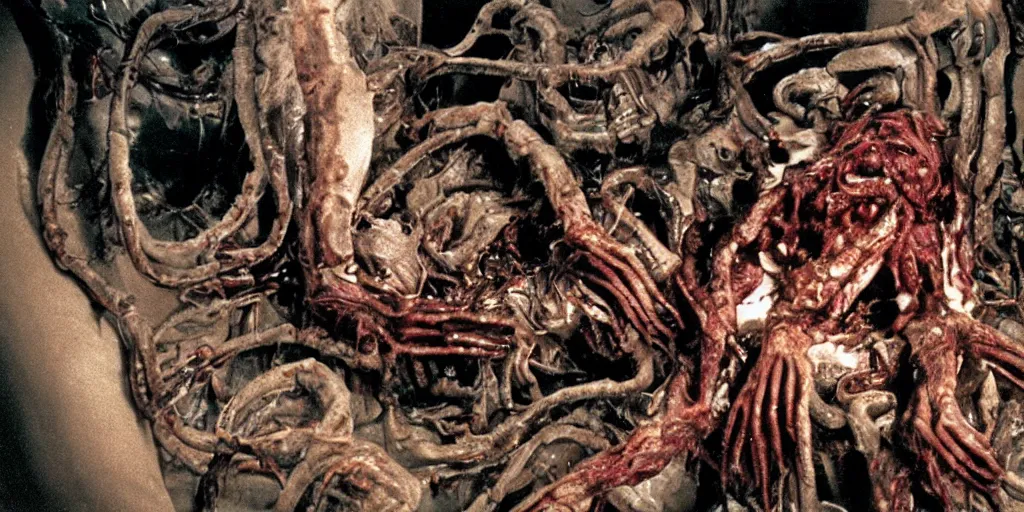 Image similar to filmic extreme wide shot dutch angle movie still 35mm film color photograph of a mutated shape shifting organism made of human internal organs, disgusting dissected human tissue with a variety of grotesquely strewn together human and animal limbs, in the style of a horror film The Thing 1982