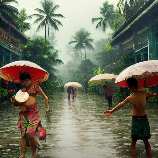 Image similar to monsoon on tropical island, chinese, ornate, beautiful, atmosphere, vibe, mist, coconuts, rain, wet, pristine, puddles, melting, dripping, snow, creek, lush, ice, bridge, forest, roses, flowers, by stanley artgerm lau, greg rutkowski, thomas kindkade, alphonse mucha, loish, norman rockwell