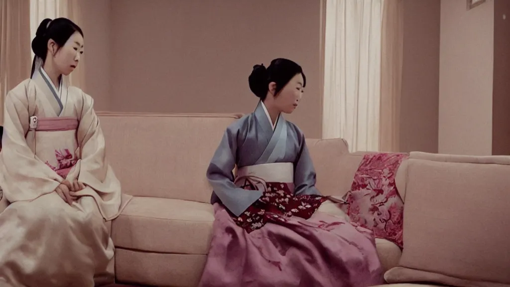 Image similar to woman in hanbok sitting on a couch, starfish monster's shadow is seen behind her, korean interior, cinematography by denis villeneuve and akira kurosawa and ishiro honda