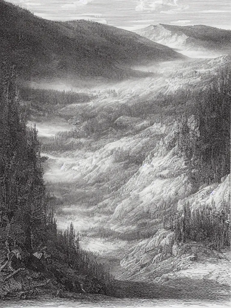 Image similar to an engraving of yellowstone national park by gustave dore and albrecht durer highly detailed, fog, depth, lithograph engraving