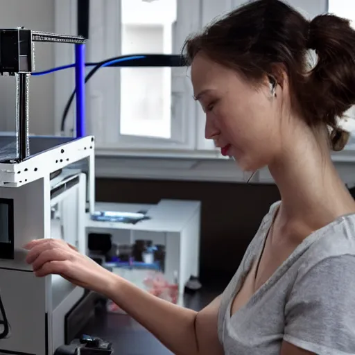 Prompt: Beautiful young woman operating a 3D printer with a curious look on her face