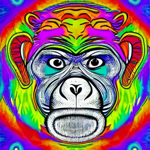 Image similar to psychedelic monkey sad thinking about the life, multicolor