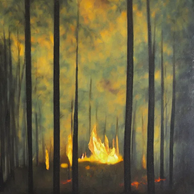 Prompt: burning church in a dark forest, oil painting