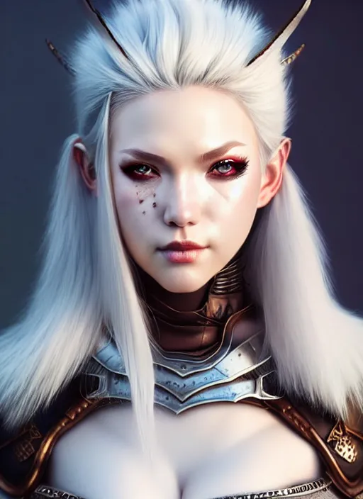 Image similar to barbarian, fur leather armor!!! beautiful and elegant white hair female!! gorgeous ayes!! character concept art, sharp focus, octane render! unreal engine 5! highly rendered!! trending on artstation!! detailed linework!! illustration by artgerm, wlop, and chie yoshii