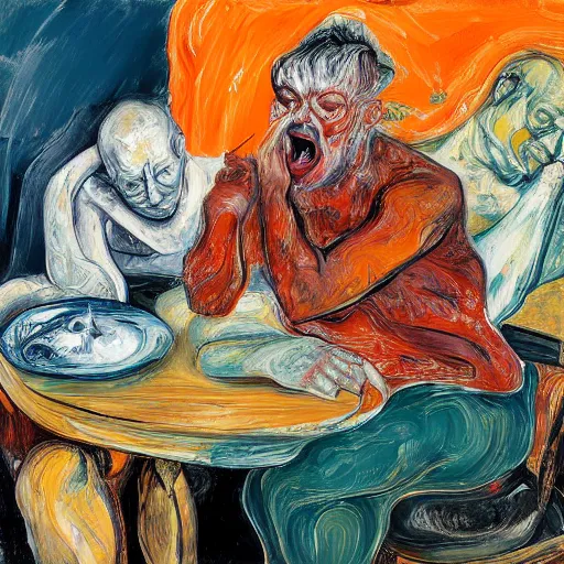 Image similar to high quality high detail expressionist painting of a man in agony by lucian freud and jenny saville edvard munch and francis bacon, hd, anxiety, seated at table, turquoise and orange