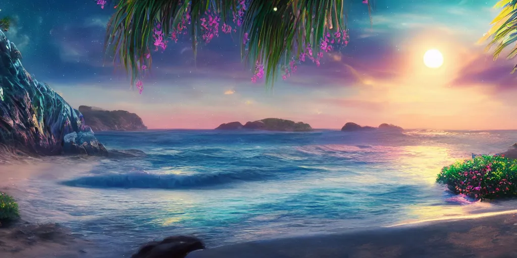 Image similar to a single glittering fairy beach cove at night, a full moon, water and colorful flowers, extremely detailed oil painting, unreal 5 render, fantasy digital art, octane render, beautiful composition, trending on artstation, award-winning photograph, masterpiece